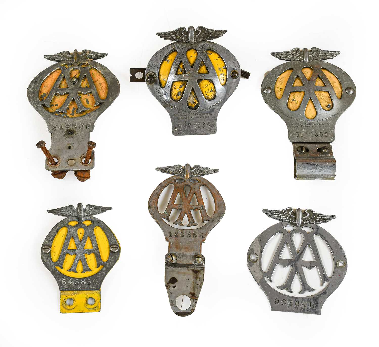 Lot 12 - Six Chromed Metal AA Badges, of assorted eras