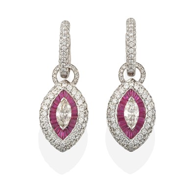 Lot 2382 - A Pair of Ruby and Diamond Cluster Drop...