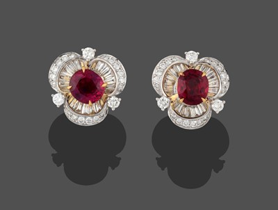 Lot 2401 - A Pair of Ruby and Diamond Earrings,...