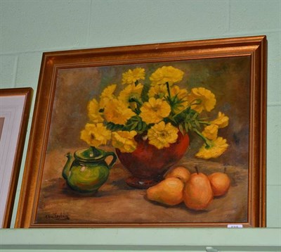 Lot 588 - An oil on canvas signed ";A Van Eaghern?"; of flowers and fruit