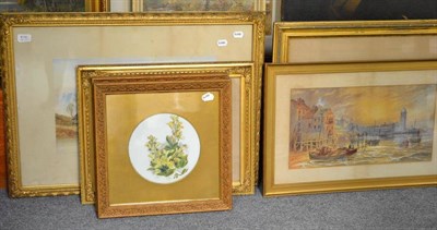 Lot 616 - Two Victorian painted glass panels, a watercolour of a harbour signed Jas Brown, a Baxter print and