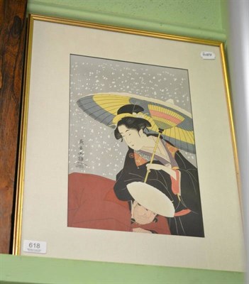 Lot 618 - 20th century woodblock print of a geisha holding a parasol with an attendant