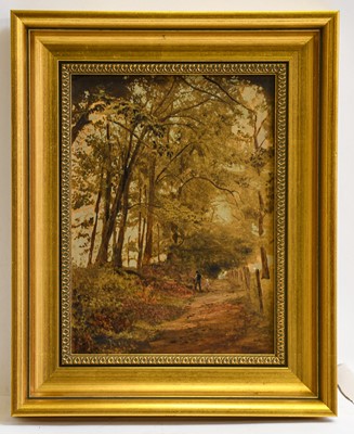 Lot 1005 - Howard Barrett, Figures on a country lane, oil...