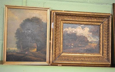 Lot 629 - Obadiah Short, landscape with a figure before a cottage, oil on panel, together with a Norwich...