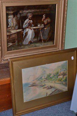 Lot 631 - A 19th century oil interior scene, two elderly ladies and cricket table; also Milton...