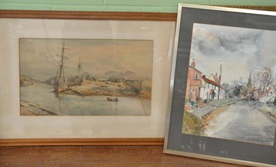 Lot 632 - C W Adderton watercolour of an estuary scene, framed and R Richardson watercolour of a street...