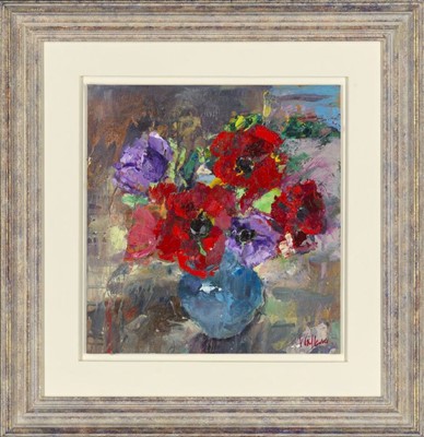 Lot 18 - Laura Wallace "Anemones in Blue Vase" Signed,...