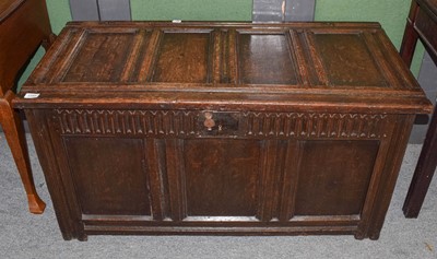 Lot 1185 - An 18th century oak three panel coffer, 112cm...