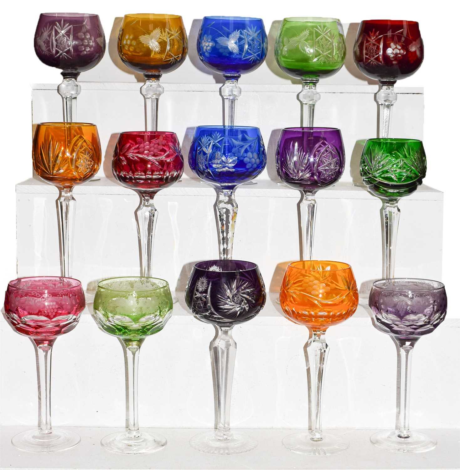Lot 34 - Fifteen German hock glasses, assorted colours...