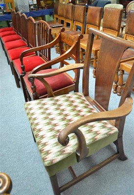 Lot 713 - A Regency brass inlaid mahogany armchair, an 18th century armchair and a set of six chairs with...