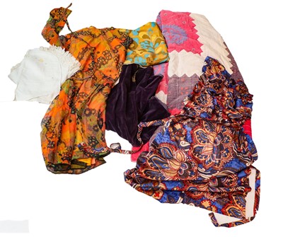 Lot 1046 - Patchwork bed cover, three 1970s dresses, pair...