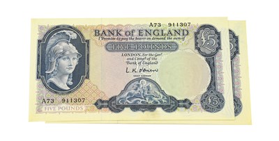 Lot 262 - Bank of England, 2 x £5, O’Brien, series ‘B’...