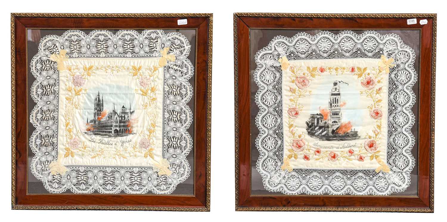 Lot 2165 - Two Large Similar Souvenir Silk Painted and...