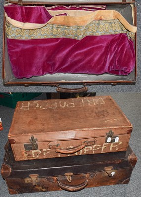 Lot 329 - Three vintage leather suitcases enclosing a...