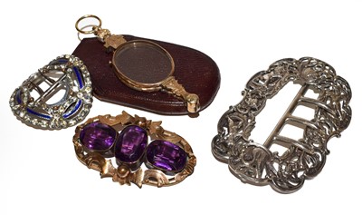 Lot 299 - A Victorian amethyst set oval brooch, a silver...