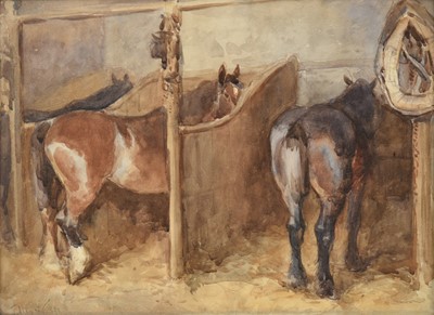 Lot 232 - {} John Atkinson (1863-1924) Horses in stalls...