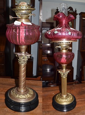 Lot 321 - A Victorian brass based oil lamp with...