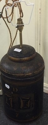 Lot 1111 - A toleware tea canister converted to a lamp, a...