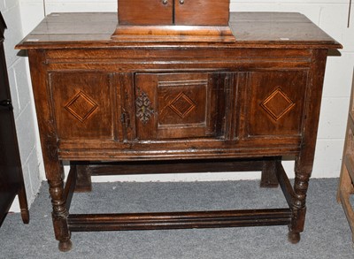 Lot 1128 - An 18th century inlaid oak food cupboard 111cm...