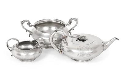 Lot 2092 - A Victorian Silver Teapot and Cream-Jug and a Similar William IV Silver Sugar-Bowl