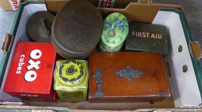 Lot 855 - Bayonet, brassware, cutlery, hot water bottle, old tins etc