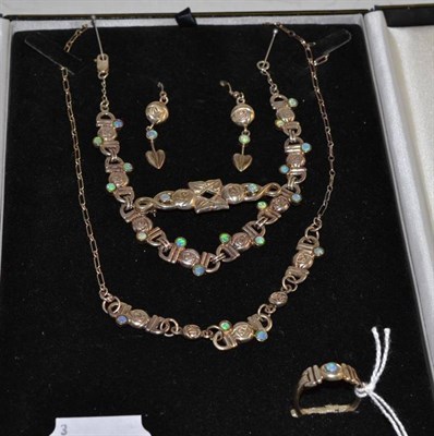 Lot 7 - A set of silver and opal type jewellery including a necklace, bracelet, brooch, earrings and ring