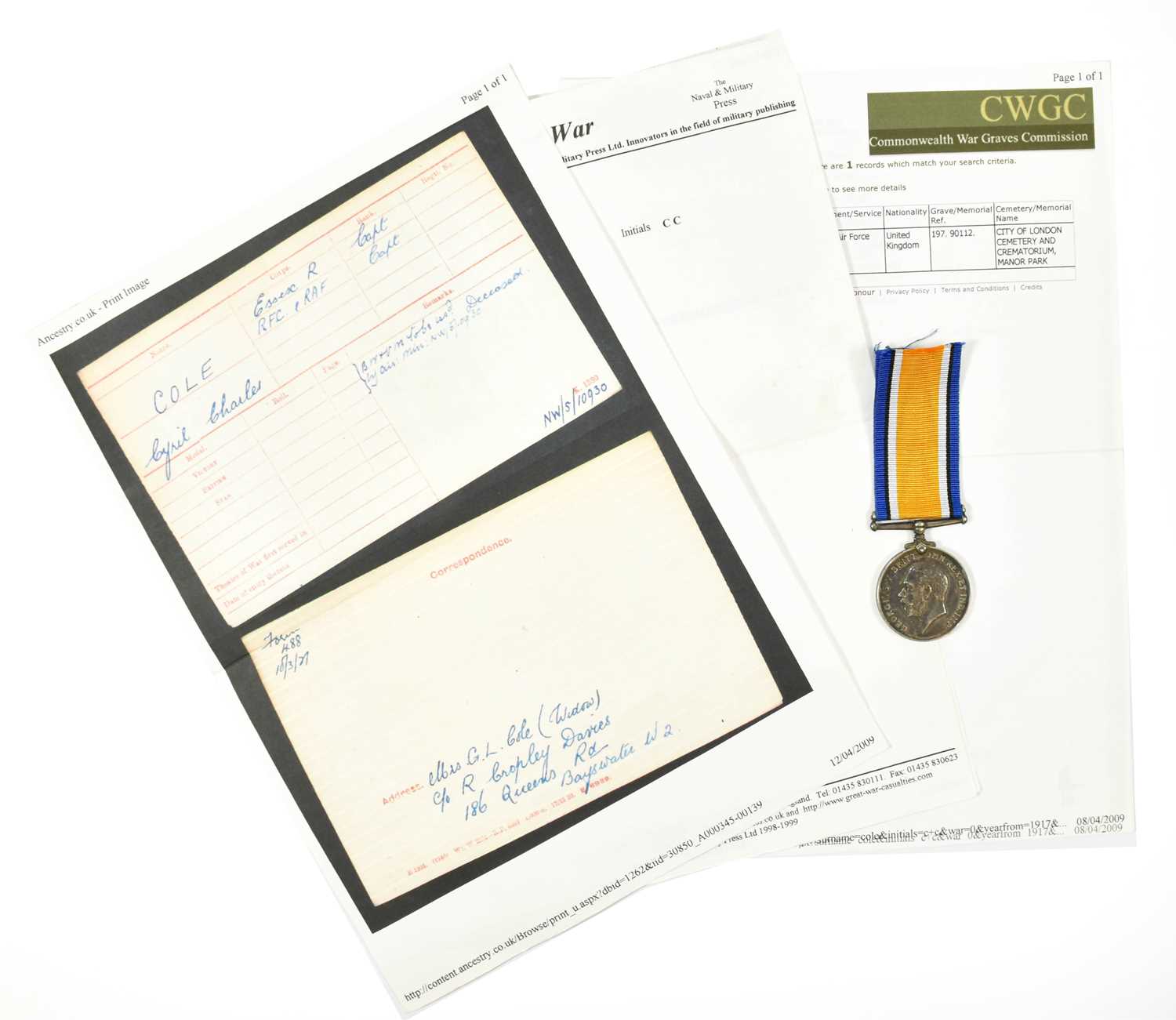 Lot 56 - A British War Medal, awarded to 2.LIEUT. C.C....