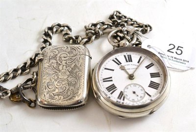 Lot 25 - Silver mounted pocket watch, silver link chain and albert and vesta case