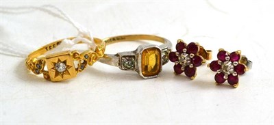 Lot 31 - An 18ct gold diamond ring, hallmarked Chester, 1899 (?) (a.f.), a pair of diamond and ruby...