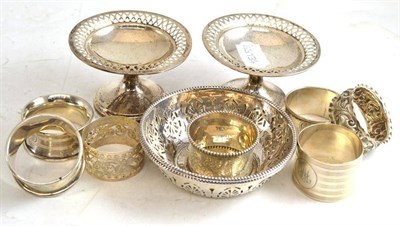Lot 38 - A pair of pierced silver dishes, a pair of pierced silver tazza and seven napkin rings