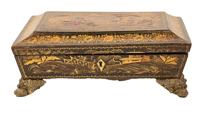 Lot 99 - A Regency japanned box of sarcophagus form,...