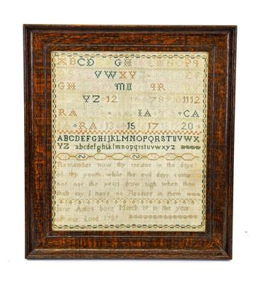 Lot 2172 - An Alphabet Sampler Worked By Jane Auton Born...