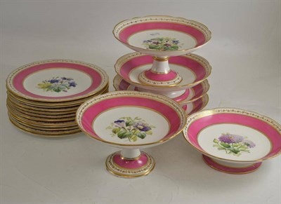 Lot 51 - A 19th century floral painted dessert service comprising twelve plates, two tazza and four comports