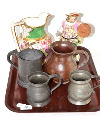 Lot 58 - A Staffordshire jug, a Derby figure Falstaff, three pewter measures and a stoneware jug