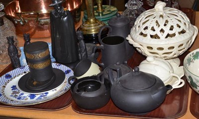 Lot 69 - A Wedgwood creamware basket, a shaped sauce tureen, black basalt teawares, proof plates etc (on two