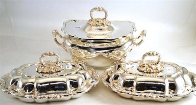 Lot 70 - A silver plated soup tureen and matching pair of entree dishes