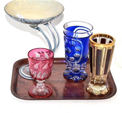 Lot 88 - Bohemian blue flash vase dated 1852, ruby flash goblet, gilt a ruby flash vase and a 20th...