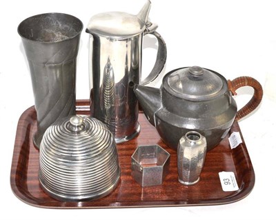 Lot 93 - Liberty Tudric Archibald Knox design jug, Tudric teapot, James Dixon & Son tobacco box and...