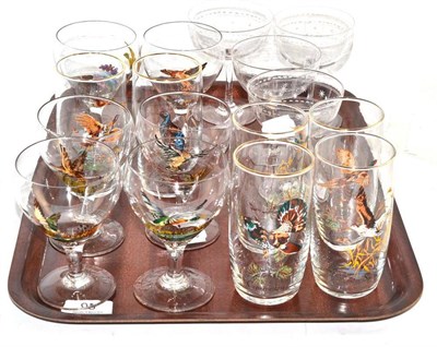 Lot 95 - A set of six hand painted wine glasses depicting ducks and raptors by Ella Coyles, Beamish...