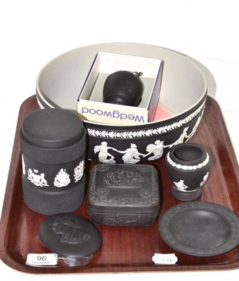 Lot 96 - Wedgwood black Jasper fruit bowl, vase, trinket box, medallion etc