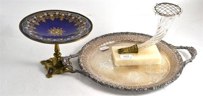 Lot 101 - Silver plated engraved tray, late 19th century glass vase and a blue ground enamel comport