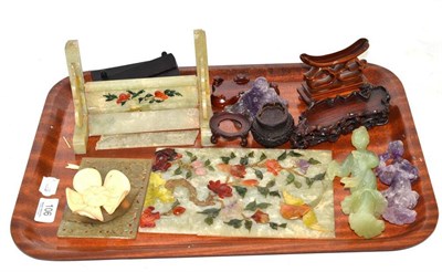 Lot 106 - Tray of 19th century and later hardwood stands, hardstone plaques and quartz carvings