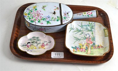 Lot 111 - Three items of Chinese polychrome decorated enamel wares