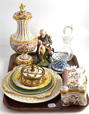 Lot 112 - Continental ceramics including jewellery casket, vase and cover, Sevres style floral decorated...