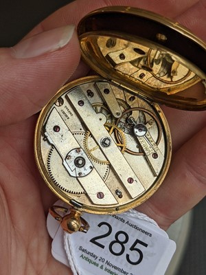 Lot 285 - A Swiss open faced pocket watch, the case...