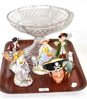 Lot 113 - Glass tazza; two pairs of Continental figures and a Royal Doulton character jug