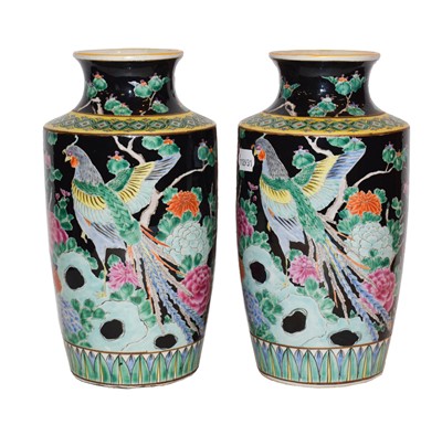 Lot 80 - Two Chinese black and green vases decorated...