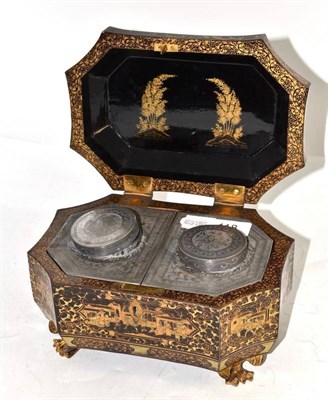 Lot 118 - Chinese lacquer tea caddy on gilt claw feet