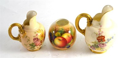 Lot 119 - Royal Worcester fruit design small vase signed 'A Shuck' and two small blush ivory jugs