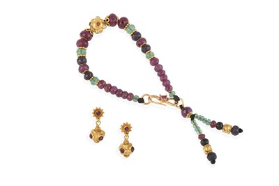Lot 2407 - A Ruby, Emerald and Sapphire Bracelet and A Pair of Ruby Drop Earrings